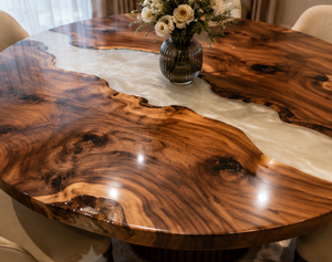 Custom Round Live Edge Walnut Wood Epoxy <b>Resin</b> Dining <b>Table</b> <b>Top</b> - Luxury River Design, Solid Wood, Handmade, Custom Size - Product Image 1