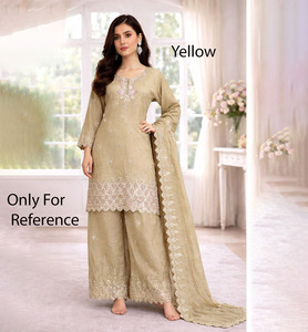 Ensemble de costume palazzo traditionnel brodé turquoise, longueur ras du sol, en viscose jacquard, tenue de mariage indienne pakistanaise pour femmes - Product Image 1
