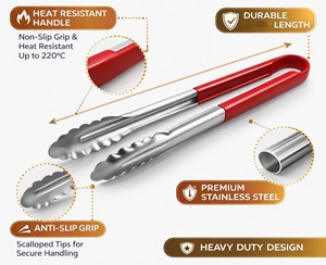 Stainless Steel Kitchen Tongs 30 cm with Heat Resistant Red Handle | Multipurpose Cooking <b>BBQ</b> & Serving Tongs | Durable Handle - Product Image 6
