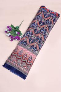 ผ้าเครปสีน้ำเงินกรมท่าพิมพ์ลายดอกไม้และลายเรขาคณิตแบบชาติพันธุ์ พร้อมขอบตกแต่งอย่างสวยงาม เหมาะสำหรับทำชุดคุर्ติ - Product Image 2