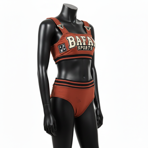 Conjunto de Bikini para Mujer de Alta Calidad en Nylon y Spandex GSM, Color Marrón Óxido con Rayas Negras, Panel con Parche de Chenilla y Logotipo Personalizado - Product Image 4