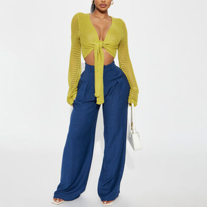 Top ligero de ganchillo verde oliva para mujer con mangas abullonadas y lazo cruzado en la parte delantera, estilo bohemio de verano. - Product Image 4