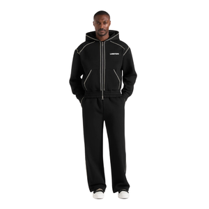 Mens Full <b>Zip</b> Hooded Streetwear Solid Tracksuit Wide Leg <b>Trousers</b> Contrast Piping <b>Side</b> Pocket Regular Fit Two Piece Wholesale - Product Image 1