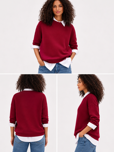 Suéter Casual de Punto Grueso para Mujer, Color Borgoña con Bloques de Color, Cuello Redondo, Manga Larga, Material de Nailon/Acrílico, para Otoño - Product Image 4