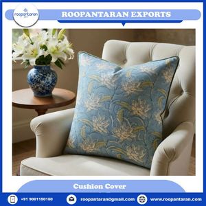 Hot Selling Hand Block Printed Piping Cushion Cover Square <b>Throw</b> Pillow Japan Lotus <b>Blue</b> Gud Color Home Decor Wholesale Supplier - Product Image 4