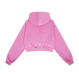 <b>Pink</b> Oversized Cropped Hooded <b>Sweatshirt</b> Solid Color Cotton French Terry Casual women Autumn Wear Regular Sleeve Fit - Product Image 1