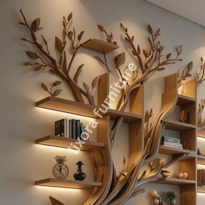 Modern Wall Mounted <b>Tree</b> Shaped Wood Bookshelf Luxury <b>LED</b> Backlit Decorative Living Room Display - Product Image 2