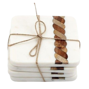 Square <b>Marble</b> <b>Coaster</b> Set With Wood Inlay Non-Slip Mats Modern Design Table Pads - Product Image 1