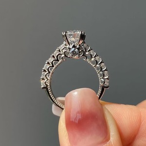 Anillo de compromiso de 2 quilates con corte redondo, banda pavé vintage con galería oculta, anillo nupcial grabado, engaste catedral, estilo Art Deco F - Product Image 3
