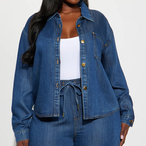 <b>Women</b> Denim Tracksuit Oversized Button Up <b>Jacket</b> And Drawstring Pants Set Casual Streetwear Full Length Solid - Product Image 4