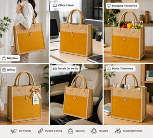 Sac fourre-tout réutilisable en jute de taille moyenne avec fermeture à bouton, poignée longue, couleur moutarde, option logo personnalisé, pour courses - Product Image 5