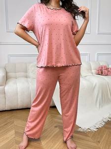 Ensemble de pyjama décontracté et tendance pour femmes grandes tailles, 2 pièces, mélange de polyester doux et confortable, imprimé à pois sur toute la surface - Product Image 4