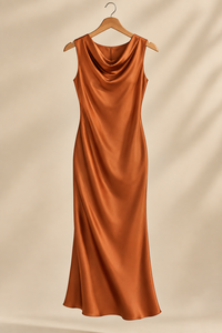 Elegant Cowl Neck Sleeveless Satin Midi <b>Dress</b> Fitted Sheath Style Solid Color Autumn Party Wear - Product Image 3
