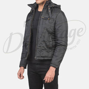 Chaqueta Acolchada Negra de Invierno para Hombre con Capucha Desmontable, Corte Ajustado Informal, Cálida, Acolchada, Resistente al Viento, Abrigo Térmico para Exteriores - Product Image 1