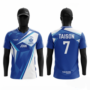 เสื้อแบดมินตันพรีเมียม 240 กรัม ผ้าโพลีเอสเตอร์อินเตอร์ล็อค สีน้ำเงินขาว ลายเรขาคณิต พิมพ์ลายด้วยความร้อน แห้งเร็ว แบบยูนิเซ็กส์ แขนสั้น - Product Image 1