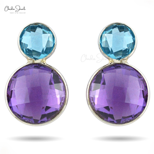 Top Quality 10mm Round Checkercut Amethyst & Swiss Blue Topaz Gemstone Stud <b>Earrings</b> with 925 Sterling <b>Silver</b> Wholesale Lots - Product Image 1