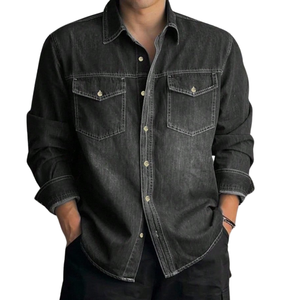 Chemise en jean délavé noir respirante à manches longues pour homme, coupe décontractée, en coton, avec poche poitrine à rabat, séchage rapide, idéale pour l'été - Product Image 1