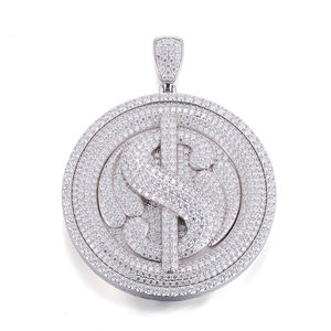 Pendentif Thème Dollar avec Diamants Ronds Brillants Plaqué Rhodium Breloque Hip-Hop pour Hommes - Product Image 1