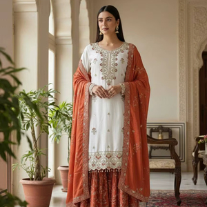 Ensemble Sharara élégant en soie Chinon avec broderie artisanale en pierres et sequins – Robe ethnique pour femmes, tenue de soirée - Product Image 1