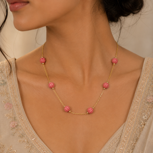 Custom Rhodium Plated <b>Necklace</b> Carved Pink <b>Opal</b> Melon Bead Station Cable Chain Fine Women Dainty Minimalist Jewelry Gift - Product Image 1