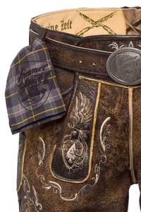 Men Bavarian Lederhosen <b>Shorts</b> Brown Solid Embroidered Traditional Trachten Mid Waist Vintage Style Eco-Friendly 360g Button Fly - Product Image 2