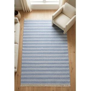 Alfombra de Algodón Tejida a Mano con Diseño de Rayas Texturizadas en Azul y Blanco, con Flecos, para Sala de Estar, Dormitorio, Decoración de Piso, OEM - Product Image 2