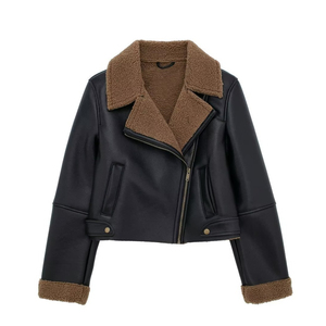 Veste moto en cuir véritable noir pour homme, col montant, fermeture éclair, doublure en sherpa, imperméable, respirante, coupe-vent, style hiver - Product Image 3