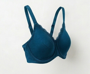 Soutien-gorge pour femme bleu sarcelle à armatures, bonnet complet, bretelles réglables, bordure en dentelle, dos en Y, fermeture à trois agrafes, respirant, en Spandex et Nylon - Product Image 4