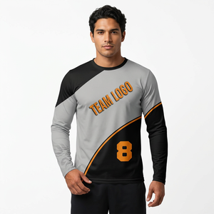 Maillot de basket-ball personnalisé pour hommes, gris, noir et orange |   Maillot d'entraînement à manches longues à séchage rapide - Product Image 1
