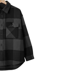 Chemise-veste en flanelle à carreaux personnalisée pour homme, noire anthracite, à manches longues, boutonnée, décontractée, pour l'hiver, vente en gros - Product Image 2