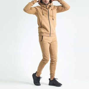 Ensemble de survêtement pour homme couleur camel avec capuche, sweat-shirt et pantalon à fermeture éclair intégrale, design uni décontracté, coton respirant, vêtements d'automne - Product Image 2