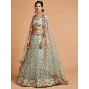 Impresionante vestido de noche de red de hilo verde Pista Lehenga Choli para ropa de fiesta - Product Image 4