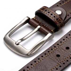 Cinturón de Cuero Genuino para Hombre, Casual, Marrón, con Hebilla Plateada, Duradero, Estilo Vintage, Ajustable, para Jeans, Vestir, Negocios, Uso Diario - Product Image 1