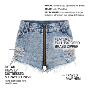 Shorts en jean taille haute pour femme, ultra-courts, avec fermeture éclair intégrale, délavage clair, effet usé et ourlet effiloché - Product Image 4