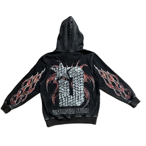 Hot Sale Full Zip up Acid Wash Applique Patch Distresses Embroidery Tracksuit <b>Flared</b> Sweatsuit Sweatpants and Hoodie Set - Product Image 5