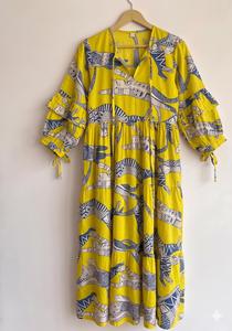 Yellow Animal Print Midi <b>Dress</b> Women Loose Fit O-Neck Three Quarter Sleeve Casual <b>Summer</b> Woven Cotton <b>Dress</b> - Product Image 4