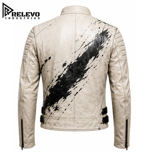 High Quality <b>Men</b> Off White and Black Paint Slash <b>Leather</b> Motorcycle <b>Jacket</b>, Streetwear Asymmetric Zipper Slim Fit Biker <b>Jacket</b> - Product Image 2