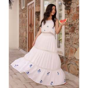 Vestido Glory Blanco Floral Pintado a Mano, Sin Tirantes, Corte A, Tejido Transpirable, Talla XS, Ropa Casual con Cintura Natural - Product Image 1