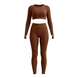 Ensemble de yoga 2 pièces sans couture pour femme, couleur unie personnalisable, avec leggings taille haute longueur intégrale et crop top dos nageur en Spandex/Nylon Water - Product Image 1