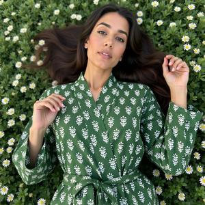 Green Muse Revival Artisan's Green Ode Wholesale robe kimono grande taille pour femmes tissu doux 100% coton avec paix verte - Product Image 6