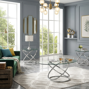 Luxury Modern Glass <b>Coffee</b> <b>Table</b> Set Stainless Steel <b>Curved</b> Frame Oval Center <b>Table</b> with Matching End <b>Tables</b> - Product Image 4