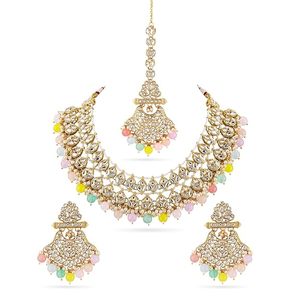 Conjunto de collar étnico chapado en oro con cristales de imitación y perlas para mujeres, joyería de boda. - Product Image 1