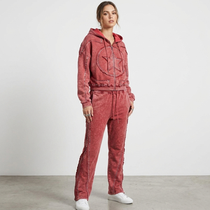 Custom <b>Rhinestone</b> Streetwear 400 GSM Zip up Tracksuit Jogger Sweat Suit Jogger Double Waist Flared Sweatpants and Hoodie Set - Product Image 3