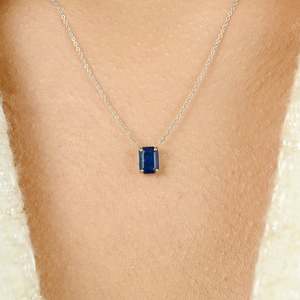 14k <b>Solid</b> <b>Gold</b> Blue Sapphire Diamond <b>Pendant</b> Necklace-Vintage Wedding Chain - Product Image 3