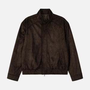 <b>Men's</b> Brown PU Leather Bomber <b>Jacket</b> Stand Collar Zipper Closure Casual Autumn Wear <b>Suede</b> Material Satin Lining - Product Image 3