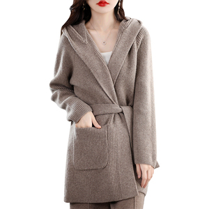 Cárdigan con Capucha de Punto Acanalado 100% Cachemira para Mujer, Cuello en V, Largo Medio, Suéter de Invierno - Product Image 2