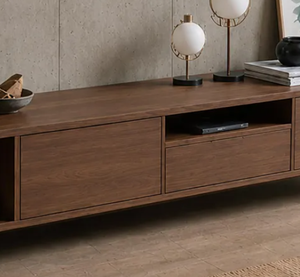 Mueble para TV Moderno de Nogal Oscuro, Consola Multimedia Extra Larga de Perfil Bajo, Mesa con Estantes Abiertos y Cajones, Unidad de Almacenamiento para Sala de Estar, Venta al por Mayor - Product Image 3