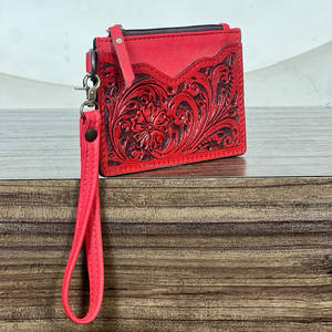 Cartera de Cuero Genuino con Diseño Floral Rojo, Mini Cartera con Cierre, Portamonedas y Tarjetero, Unisex, Venta al Por Mayor - Product Image 4