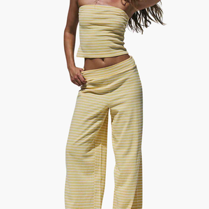 Women's Summer Yellow Cotton Striped Strapless Crop <b>Top</b> and Wide Leg Pants Set Loose Fit Casual Two Piece Loungewear Women's Set - Product Image 3