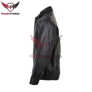 Veste en cuir véritable noire pour homme, style bomber décontracté, col chemise, fermeture à boutons et à glissière, en cuir de vachette, classique, chaud pour l'hiver - Product Image 3